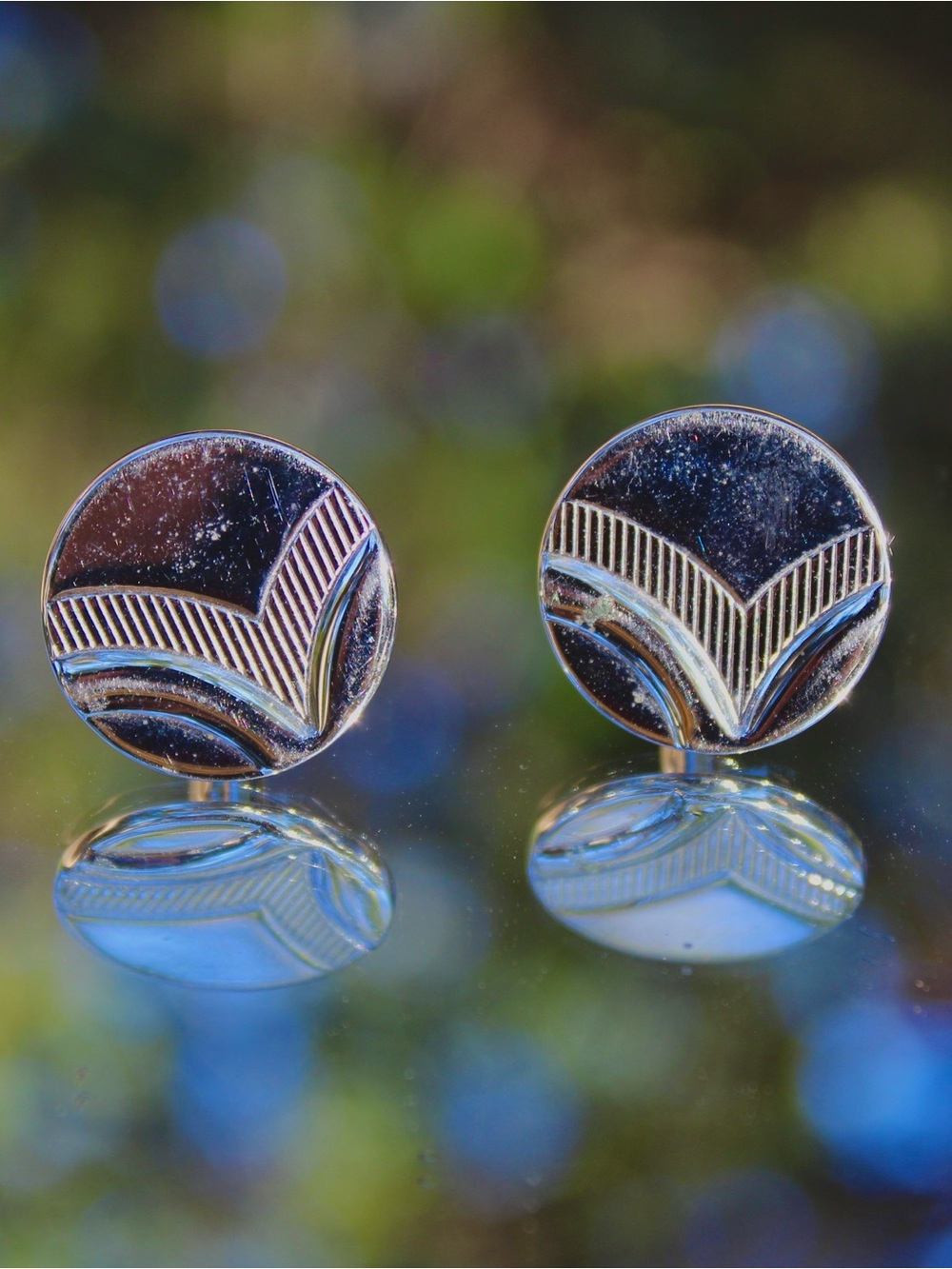 Vintage Swank Signed Silver-Tone Chevron Medallion Cufflinks - Art Deco MCM